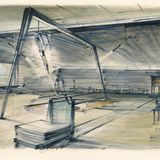 Eine Skizze des Laserraums zu dem Film "Goldfinger". Hier sollte später James Bond an einen Tisch gefesselt zusehen, wie ein Laser die Tischplatte zerschneidet und sich zunehmend seinem Schritt nähert. (Die filmische Realisierung der Szene können Sie hier sehen.)  "Die Leute haben mich dafür kritisiert, dass ich riesige Orte für die Bond-Bösewichte entworfen habe – aber sie sollten größenwahnsinnig sein!", erklärte Adam seine Idee. 