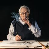 Ken Adam an seinem Schreibtisch zu Hause, aus der Installation "Lines in Flow" in der Ausstellung "Bigger than Life". Zum Film kam Adam in den 1950er Jahren als Szenenbildner. Mit seinen außergewöhnlichen Sets hat der gebürtige Berliner Filmgeschichte geschrieben. Besondere Berühmtheit erlangte er, als er in den 1960er und 1970er Jahren Szenenbilder für mehrere James-Bond-Filme schuf, die den Stil der Agenten-Reihe bis heute prägen. 