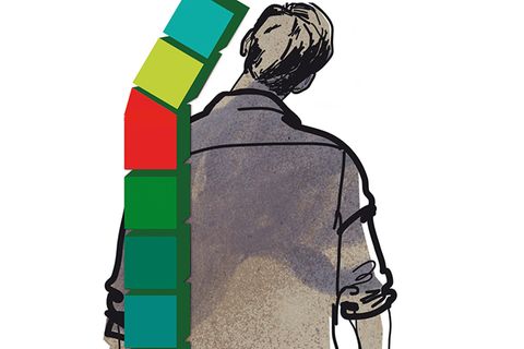 Illustration zu Nackenschmerzen: Ein Mann hält seinen Nacken schief, daneben eine Wirbelsäulen-ähliche bunte Struktur