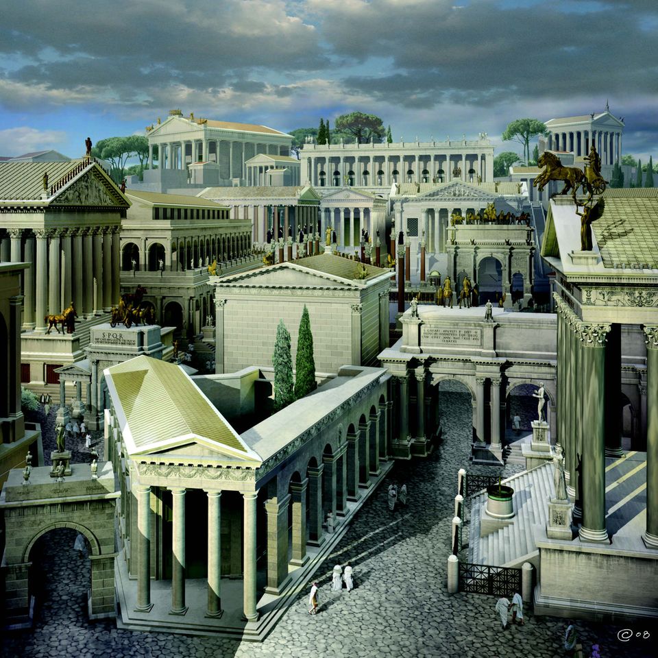 Die Ostseite des Forums mit Blick auf das Kapitol im Westen. Im Vordergrund ist der Bogen des Fabius, die Regia, der Bogen für Gaius und Lucius Caesar und der Tempel des Antonius Pius und der Faustina zu sehen (von links nach rechts). 