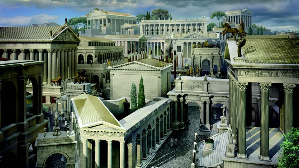 Die Ostseite des Forums mit Blick auf das Kapitol im Westen. Im Vordergrund ist der Bogen des Fabius, die Regia, der Bogen für Gaius und Lucius Caesar und der Tempel des Antonius Pius und der Faustina zu sehen (von links nach rechts). 