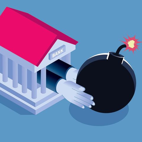 Credit Suisse: Eine Illustration einer Bank, aus der Hände kommen, die eine Bombe halten
