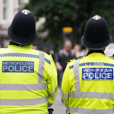 Drei Mitglieder der Londoner Polizei stehen bei einer Demo auf der Straße, man sieht ihre Rücken