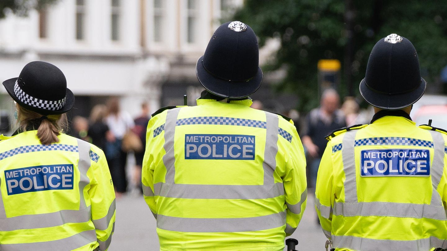 Drei Mitglieder der Londoner Polizei stehen bei einer Demo auf der Straße, man sieht ihre Rücken