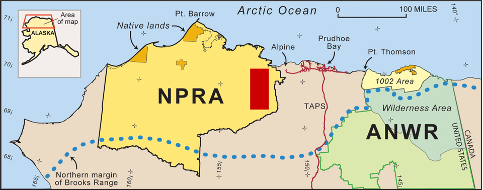 Das National Petroleum Reserve (NPRA) im Norden Alaskas auf einer offiziellen Karte des US Bureau of Land Management. Das rote Rechteck markiert das ungefähre Gebiet des Willow Project
