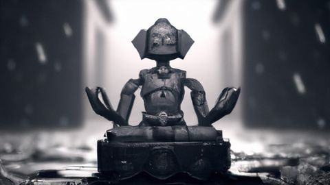 Roboter sitzt im Lotussitz und meditiert