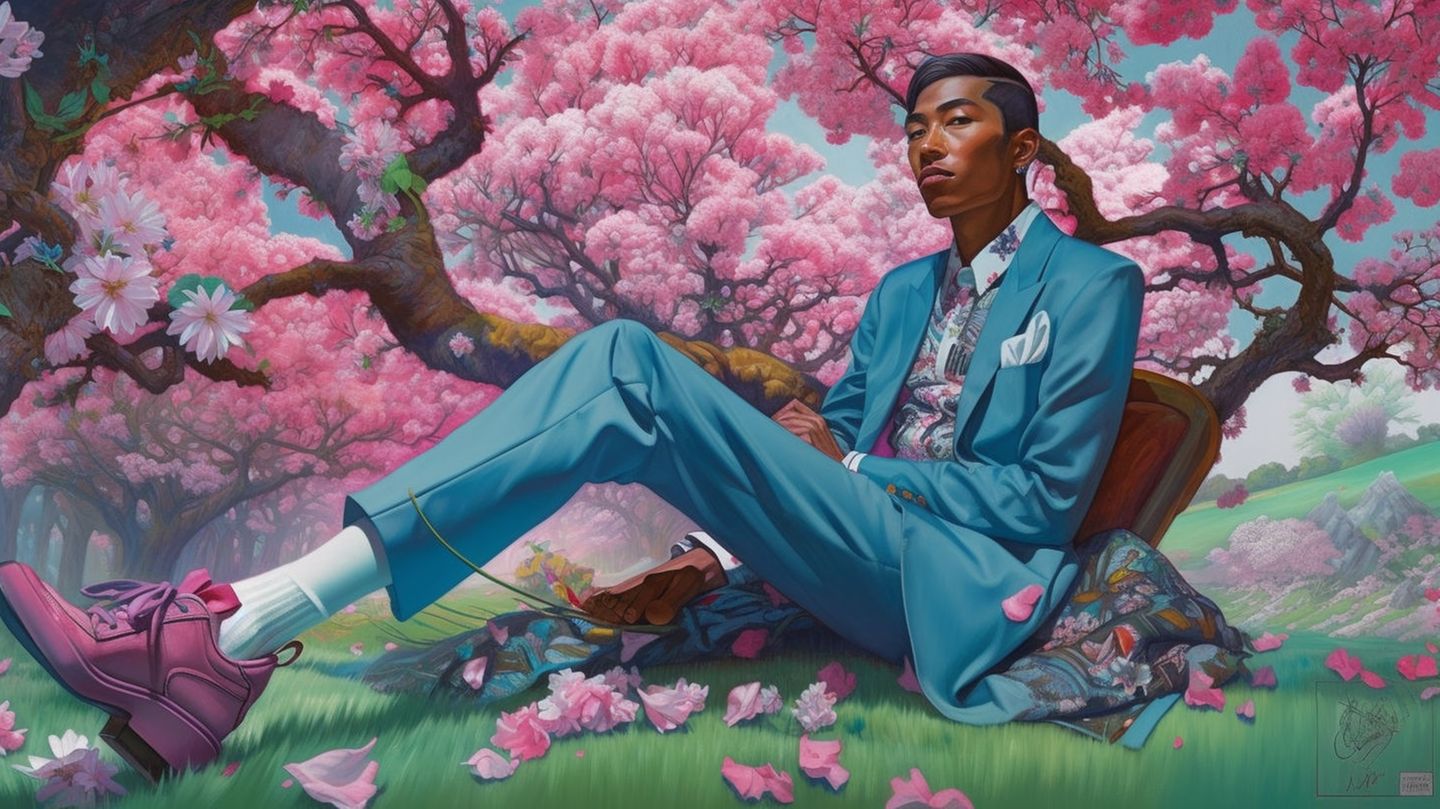 Mann unter Kirschblüten im Stil von Soey Milk