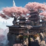 Wie im Traum: Luftschlösser in den Bergen unter Kirschblüten.