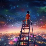 Eine echte Stärke der KI sind Bilder, die am Rande zum Kitsch sind. Hier steht ein Junge auf einer Leiter und schaut auf ein Dorf. Obwohl es in diesem Beispiel nicht eingegeben wurde, erkennt man die starke Orientierung an Zeichentrickfilmen. Die Szene könnte auch aus Pixars Coco stammen.