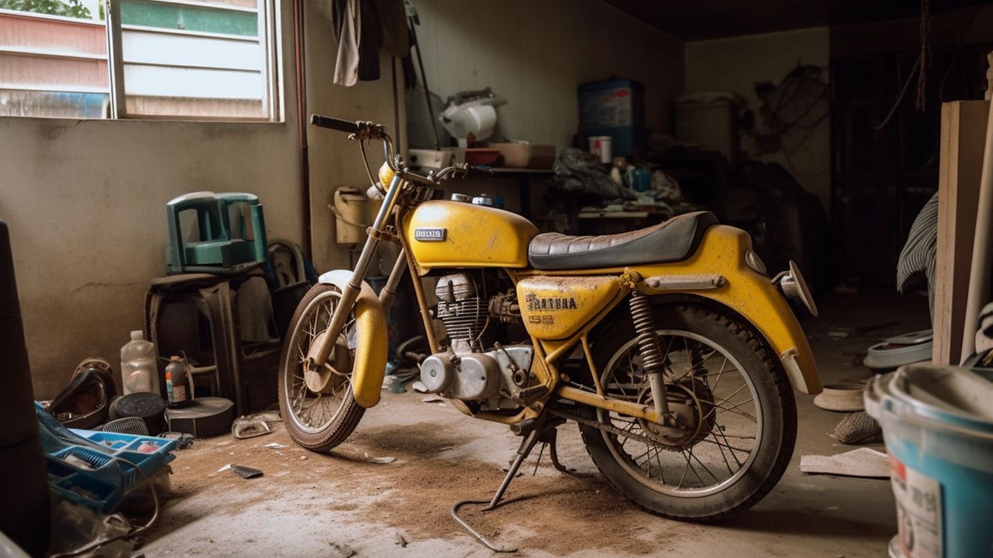 Ein Motorad in eine schmutzigen Garage.