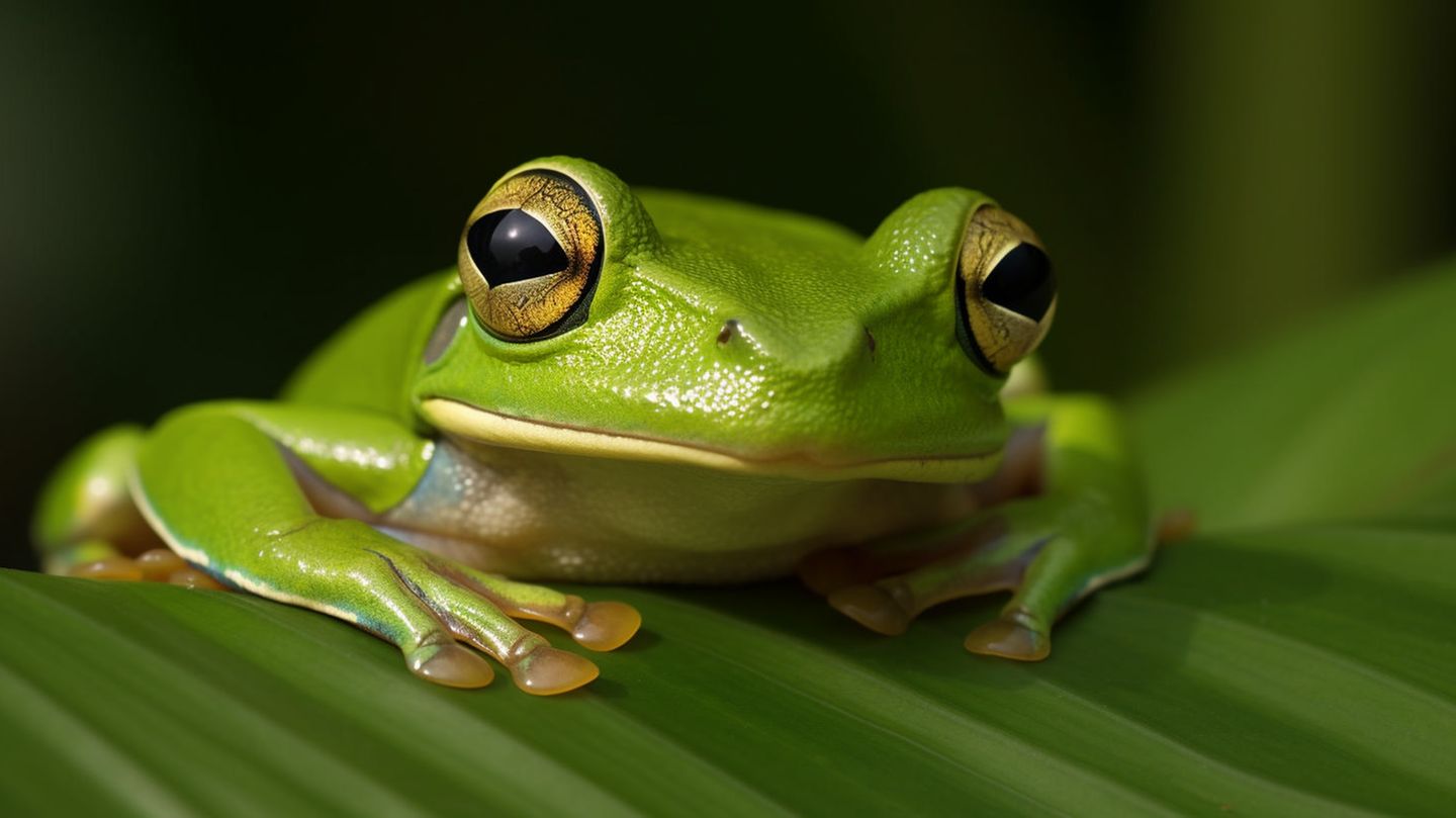 Midjourney und ChatGTP: Dieses Bild entstand mit der simplen Eingabe "Foto von einem grünen Frosch auf einem Blatt" Dieses Bild entstand mit der simplen Eingabe "Foto von einem grünen Frosch auf einem Blatt"