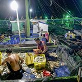 Die Männer der "Doa Rescu" inmitten der Ausbeute des ersten Hols