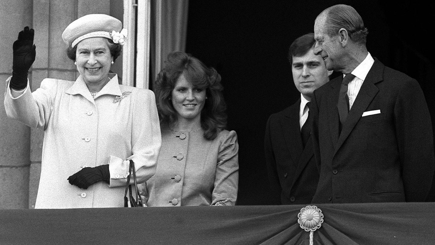 Queen Elizabeth II., Sarah "Fergie" Ferguson, Prinz Andrew und Prinz Philip