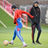 Leroy Sané und Thomas Tuchel beim Bayern-Training