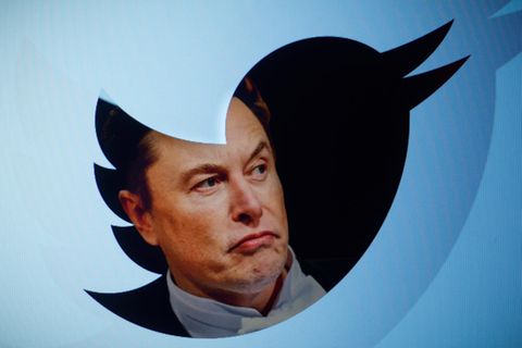 Elon Musk ist durch ein transparentes Twitter-Logo zu sehen