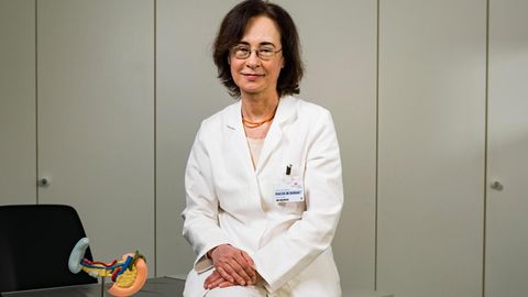 Diabetes-Fachärztin Monika Kellerer sitzt auf ihrem Schreibtisch, daneben ein Modell der Bauchspeicheldrüse