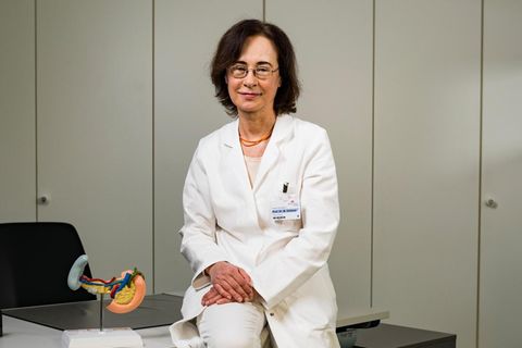 Diabetes-Fachärztin Monika Kellerer sitzt auf ihrem Schreibtisch, daneben ein Modell der Bauchspeicheldrüse