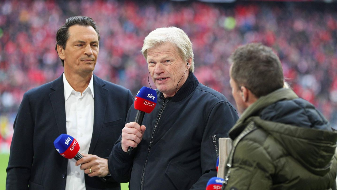 Sky-Bundesliga-Moderator Sebastian Hellmann Bayern-Boss Oliver Kahn und Experte Lothar Matthäus vor FC Bayern gegen BVB