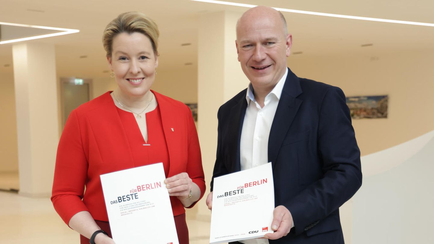 Berlins SPD-Chefin Franziska Giffey und ihr Nachfolger als Bürgermeister, CDU-Chef Kai Wegner