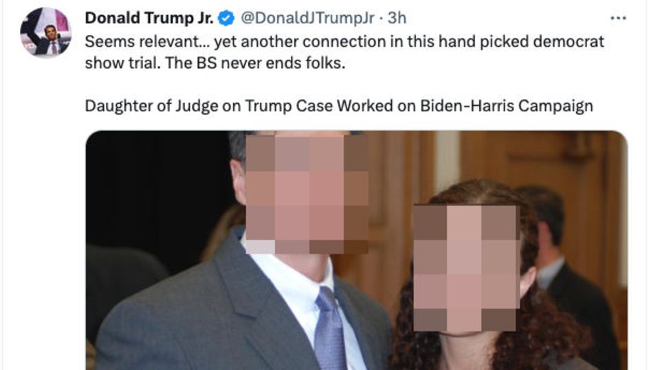 Vor Anklage in New York: Donald Trump junior postete am Dienstag ein Foto der Tochter des Richters in der Schweigegeldaffäre. Das Bild wurde nachträglich vom stern gepixelt. Donald Trump junior postete am Dienstag ein Foto der Tochter des Richters in der Schweigegeldaffäre. Das Bild wurde nachträglich vom stern gepixelt.