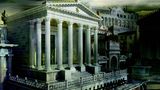 Blick auf den Tempel des Caesar in Richtung Südosten zum Palatin. 13 Jahre nach dem Tod von Caesar war sein Großneffe Octavian an die alleinige Macht gelangt. In seinem Testament adoptierte der berühmteste aller Römer den künftigen Kaiser. Einem Senatsbeschluss aus dem Jahr 42 v. Chr. folgend, gedachte Octavian seines berühmten Adoptivvaters durch den Bau des Tempels. Gleichzeitig demonstrierte er damit seinen eigenen Anspruch auf Göttlichkeit. 