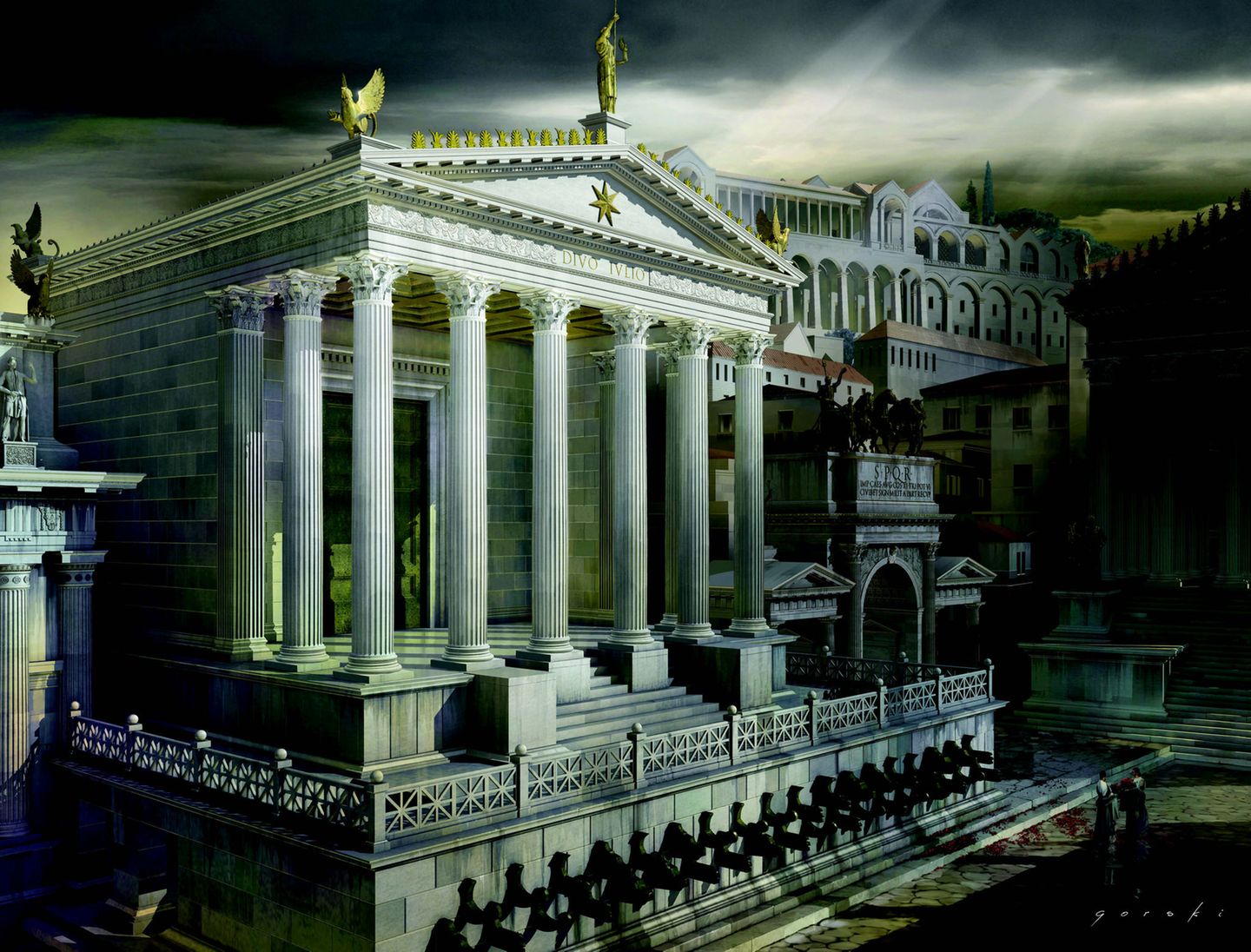 Blick auf den Tempel des Caesar in Richtung Südosten zum Palatin. 13 Jahre nach dem Tod von Caesar war sein Großneffe Octavian an die alleinige Macht gelangt. In seinem Testament adoptierte der berühmteste aller Römer den künftigen Kaiser. Einem Senatsbeschluss aus dem Jahr 42 v. Chr. folgend, gedachte Octavian seines berühmten Adoptivvaters durch den Bau des Tempels. Gleichzeitig demonstrierte er damit seinen eigenen Anspruch auf Göttlichkeit. 