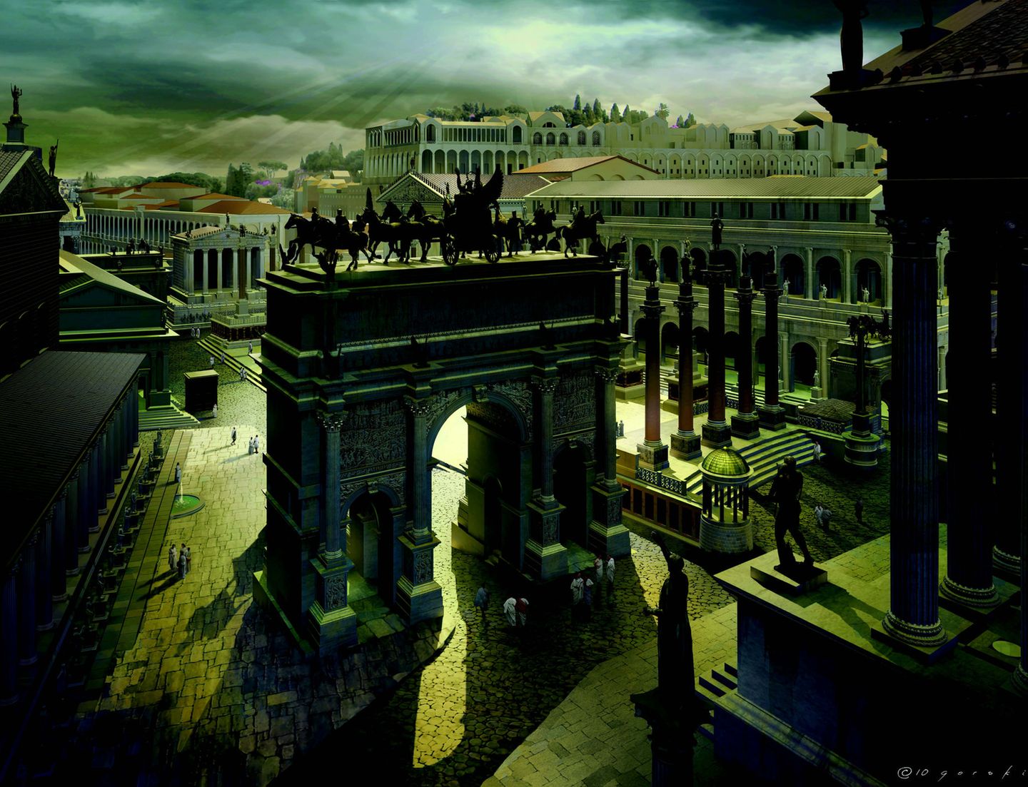 Blick vom Kapitol über das Forum Romanum, in der Bildmitte die Westseite des Bogens des Septimius Severus. Am 9. April 193 n. Chr. war der Statthalter der Provinz Oberpannonien (der westliche Teil des heutigen Ungarns) Septimius Severus zum Kaiser ausgerufen worden. Der Bogen, der seinen Namen trägt, wurde 202 oder 204 n. Chr. eingeweiht und feierte neben den Eroberungen des Kaisers im Osten ganz allgemein seine Herrschaft. In der Spätantike und im Frühmittelalter entfernte man die Statuen von der Attika. Ansonsten blieb der Bogen unbeachtet. 