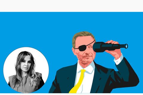 Christian Lindner dargestellt mit einer Augenklappe und einem Fernrohr
