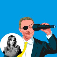 Christian Lindner dargestellt mit einer Augenklappe und einem Fernrohr