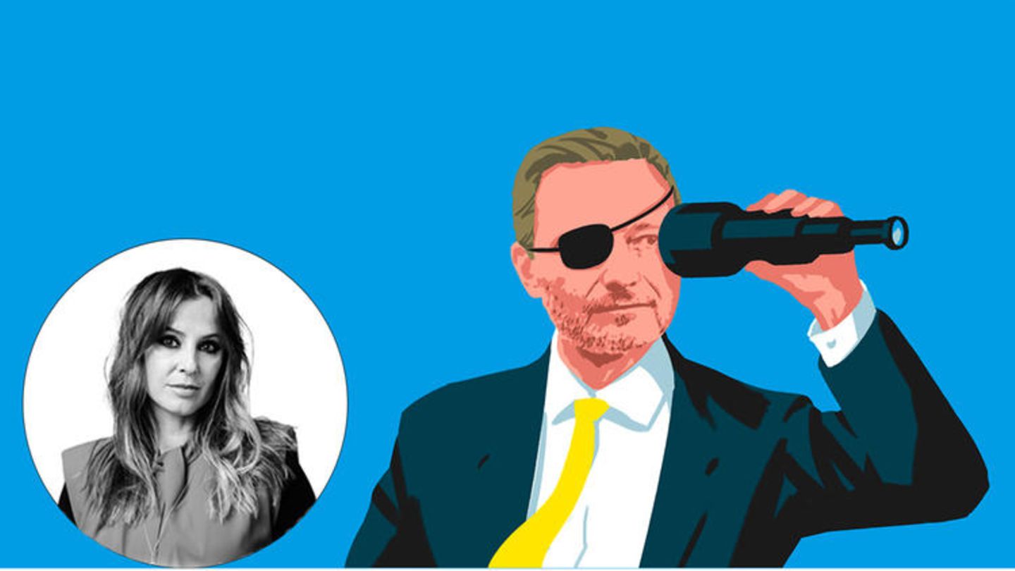 Christian Lindner dargestellt mit einer Augenklappe und einem Fernrohr
