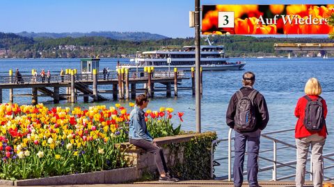 Drei Menschen warten auf der Insel Mainau am Bodensee auf ihr Schiff