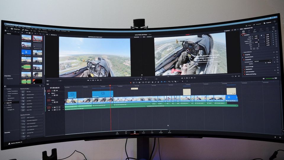 Bei der Arbeit, wie hier im Videoschnittprogramm Davinci Resolve, ist die starke Krümmung eher hinderlich. 