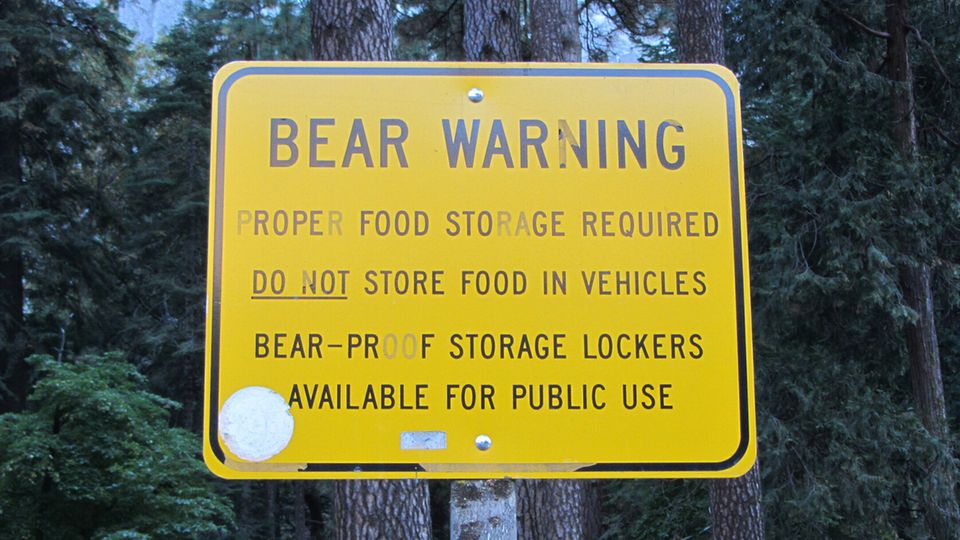 Ein Bären-Warnschild im Yosemite Nationalpark, USA Ein Bären-Warnschild im Yosemite Nationalpark, USA