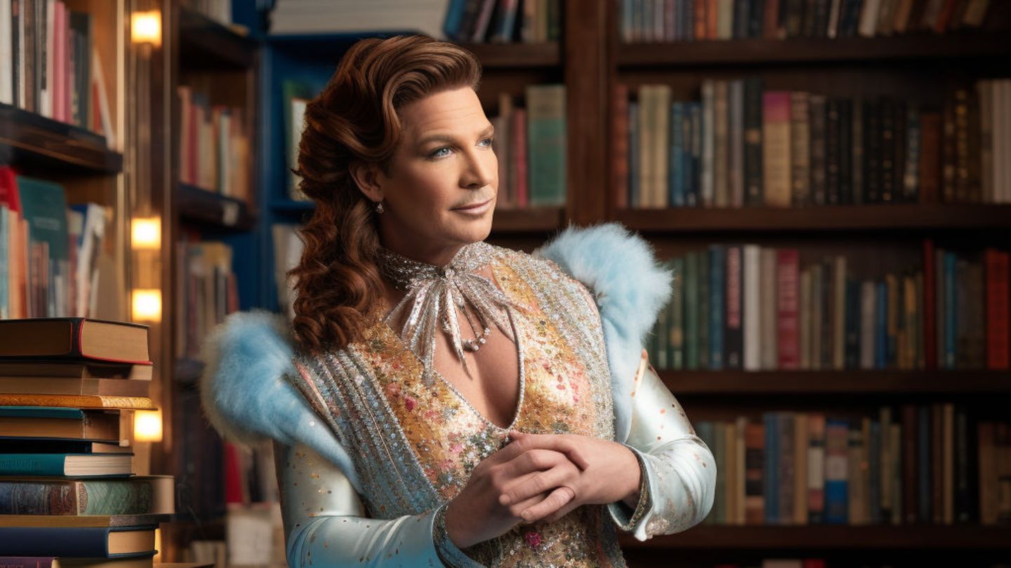Floridas Gouverneur im sanften blau-goldenen Kleid, tiefen Dekolleté und umgeben von Büchern. Seine Hände sind verschränkt.
