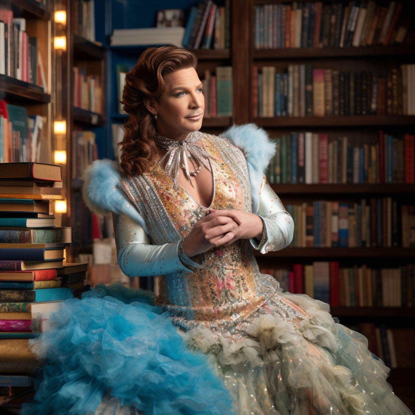 Ron DeSantis Floridas Gouverneur im sanften blau-goldenen Kleid, tiefen Dekolleté und umgeben von Büchern. Seine Hände sind verschränkt.