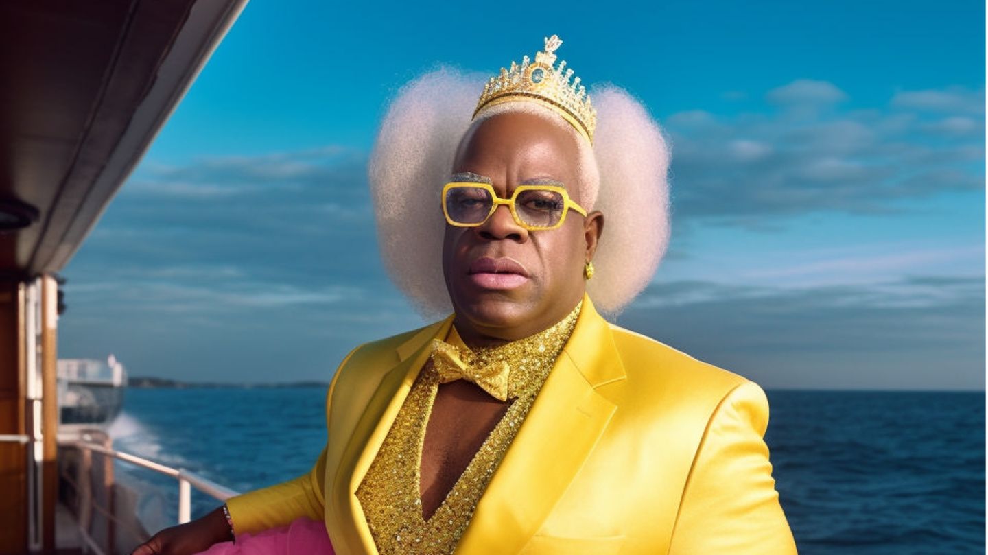 Clarence Thomas Clarence Thomas posiert in einem gelben Satin-Jacket, Pailletten-Oberteil und pinkem Tüll-Rock.