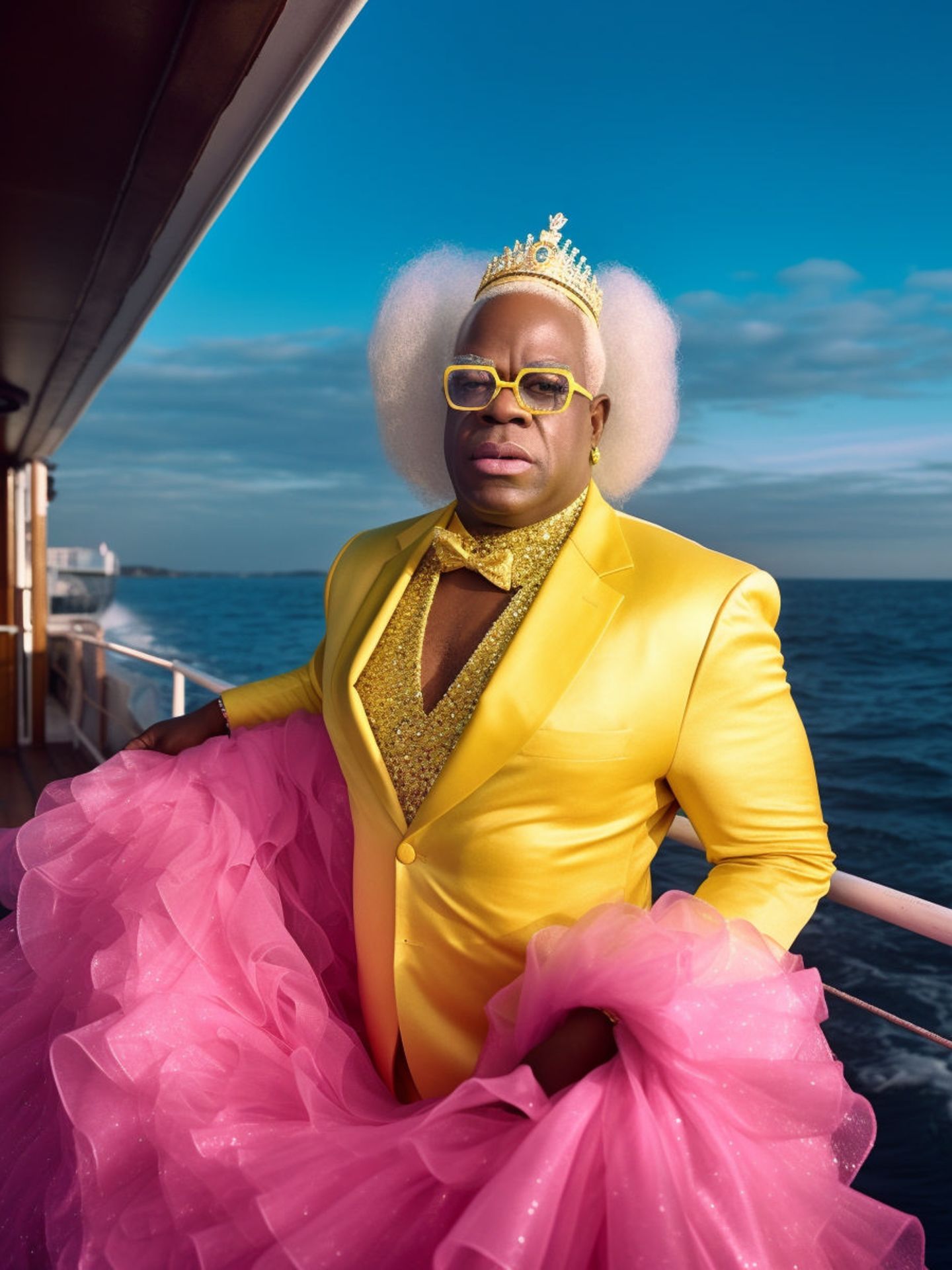 Clarence Thomas posiert in einem gelben Satin-Jacket, Pailletten-Oberteil und pinkem Tüll-Rock.