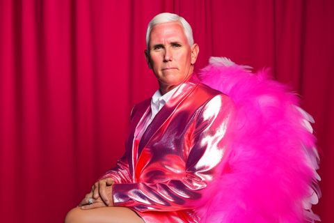 Der ehemalige Vize-Präsident der Vereinigten Staaten posiert sitzend komplett in pink gehüllt. 
