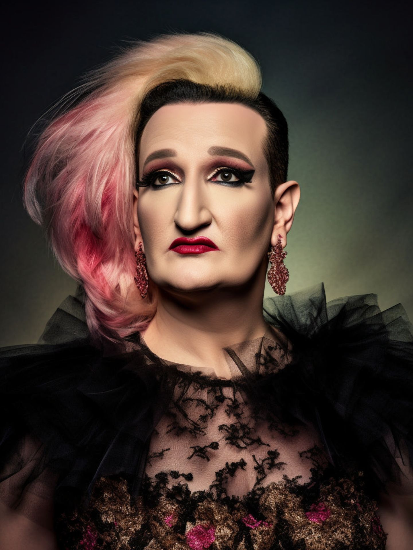 Ted Cruz US-Senator Ted Cruz mit Lippenstift, Tüll-Oberteil und blond-pinkem Haar.