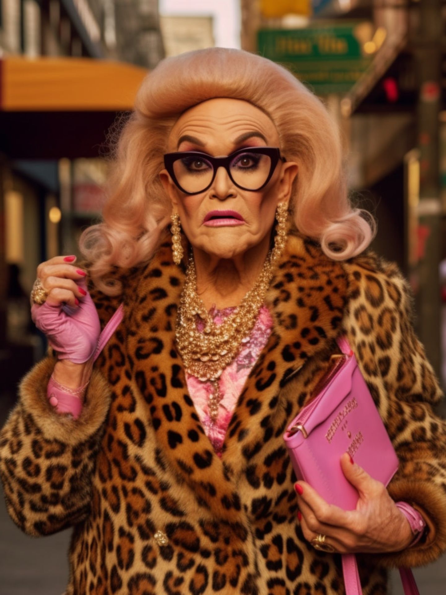 Der ehemalige Bürgermeister von New York in Leo-Fellmantel, dickem Gold-Schmuck und pinken Accessoires. 