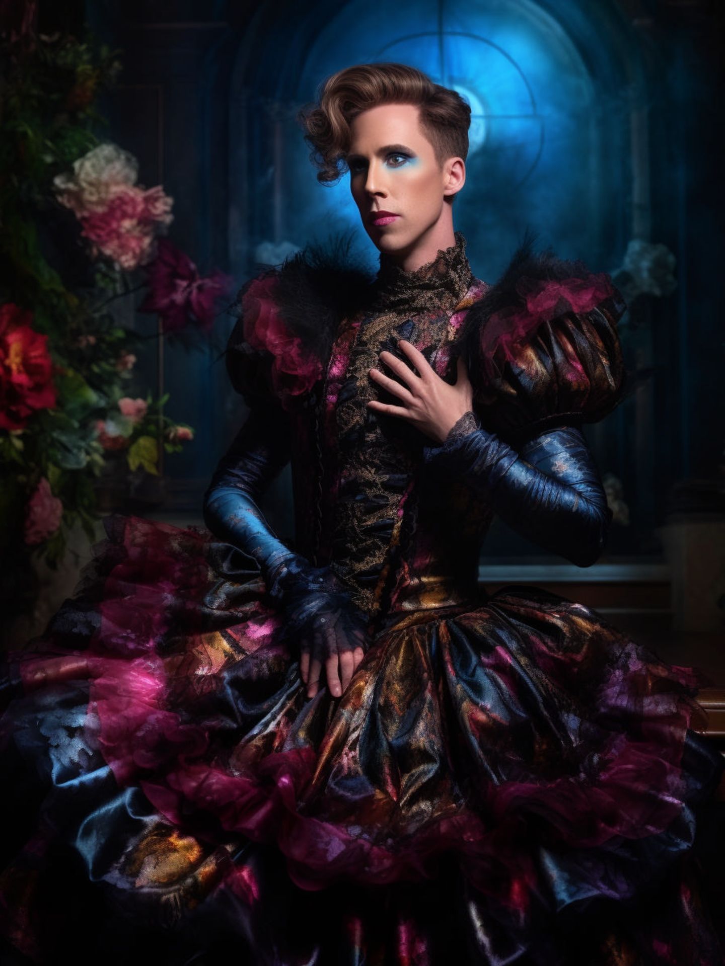 Der US-Senator Josh Hawley in einem dunklen geschlossenen Kleid, mit Puff-Ärmeln und Barock-Akzenten.
