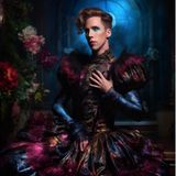 Der US-Senator Josh Hawley in einem dunklen geschlossenen Kleid, mit Puff-Ärmeln und Barock-Akzenten.