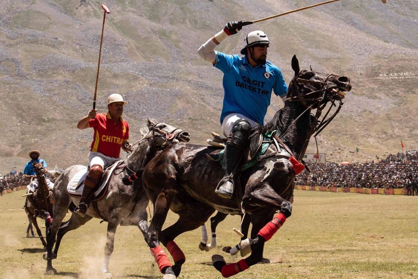 Saddam Raji verlangt seinem schwitzenden Pferd in der dünnen Luft alles ab. Sein Verfolger aus Chitral ist schon über 60