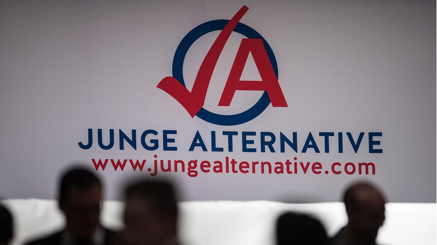 Mitglieder stehen in Bottrop (Nordrhein-Westfalen) beim Bundeskongress der Jungen Alternative nebeneinander
