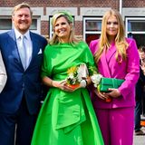 Feiern in Leuchtfarben: König Willem-Alexander feiert seinen 56. Geburtstag im Kreise seiner Lieben. Prinzessin Ariane, der König, Königin Máxima und Kronprinzessin Amalia sind nach Rotterdam gereist. Es fehlt die mittlere Tochter, Prinzessin Alexia. Sie ist derzeit in Wales am United World College of the Atlantic, um dort das Abitur abzulegen. Das Outfit der Königin stammt von Natan. Das belgische Designhaus gehört zu ihren Favoriten. Die künftige Monarchin Amalia trägt einen Hosenanzug von Marina Rinaldi und Arianes stammt von Max & Co.