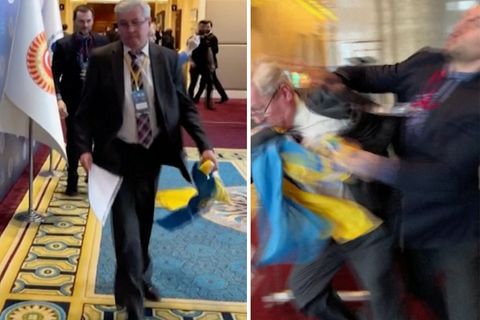 Handgemenge bei Konferenz: Russischer Vertreter entreißt Ukrainer die Flagge – dann fliegen Fäuste