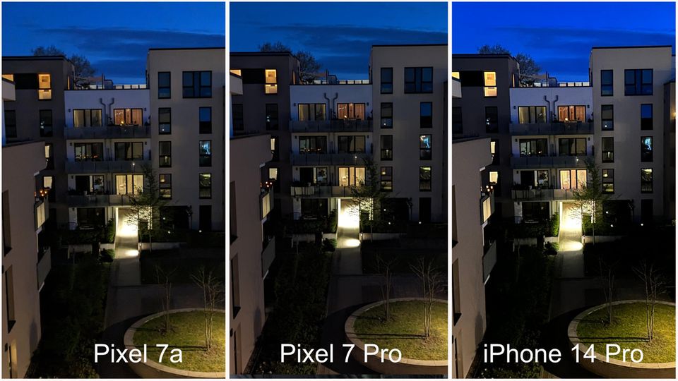 Fotovergleich Google Pixel 7a, Pixel 7 Pro und iPhone 14 Pro