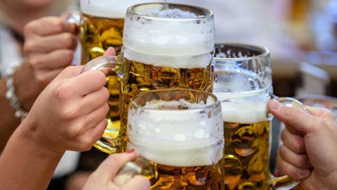 Menschen stoßen mit Bierkrügen an