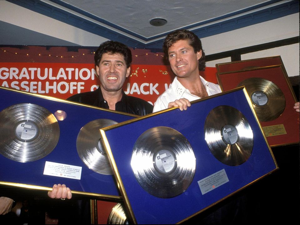 Jack White and David Hasselhoff with award, 1990