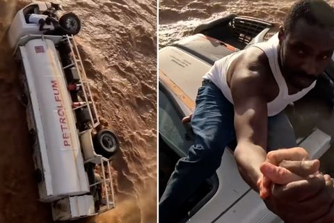 Tankwagenfahrer in Fluten gefangen – die Rettung aus der Luft kommt von unerwarteter Seite